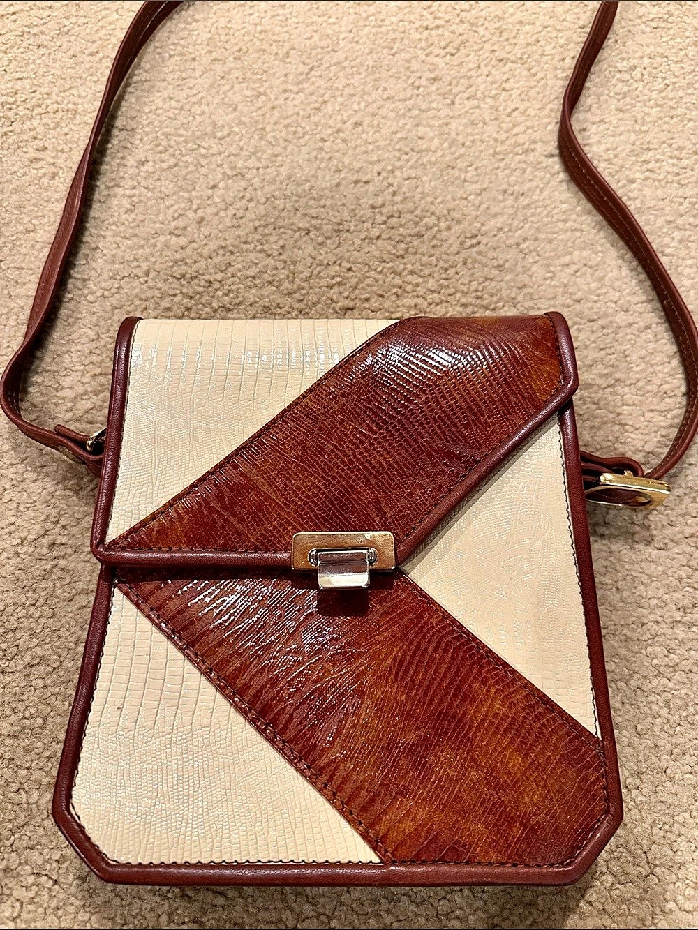 Textured Brown & Cream Crossbody Bag Leather